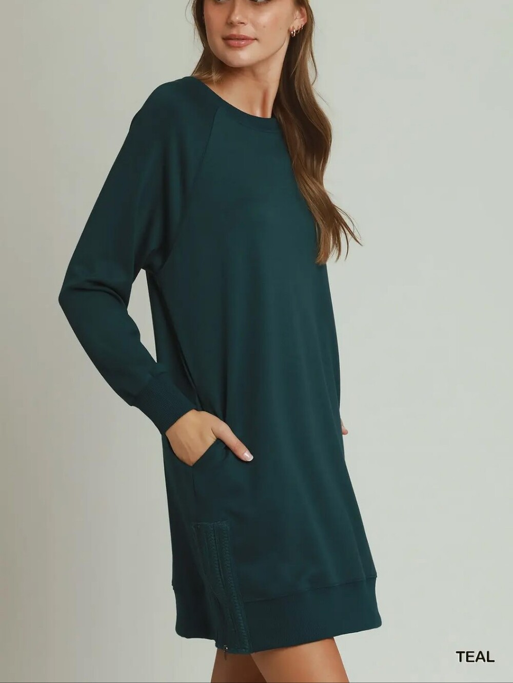 Umgee Side Crochet Zipper Detailed Long Sleeve Sweater Dress